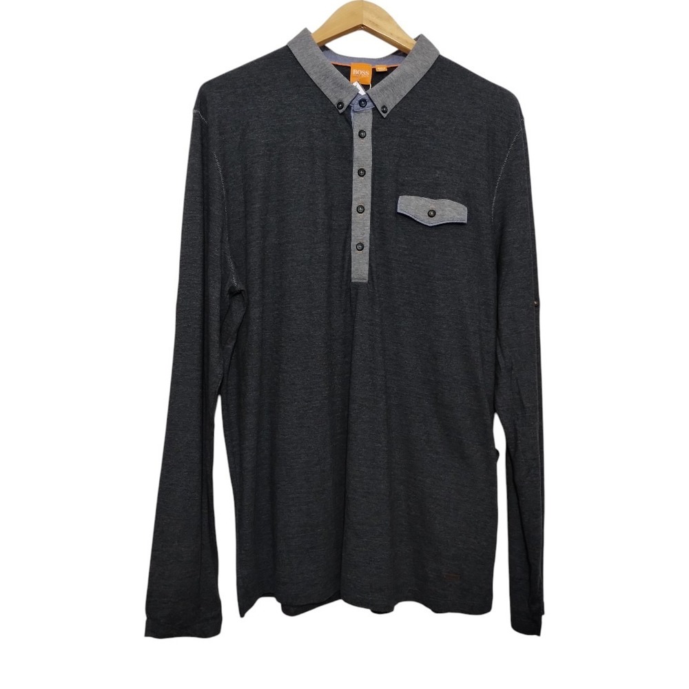 Boss Orange Cotton Shirt Polo Contrast Long Rolled Tab Sleeve Flap Pocket Preppy